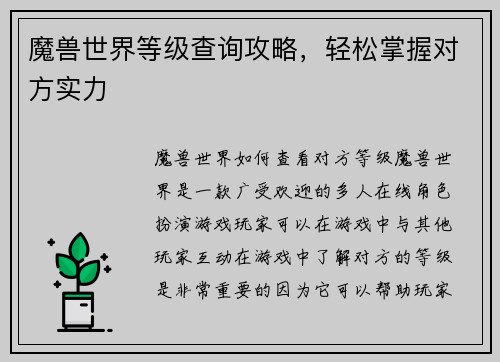 魔兽世界等级查询攻略，轻松掌握对方实力