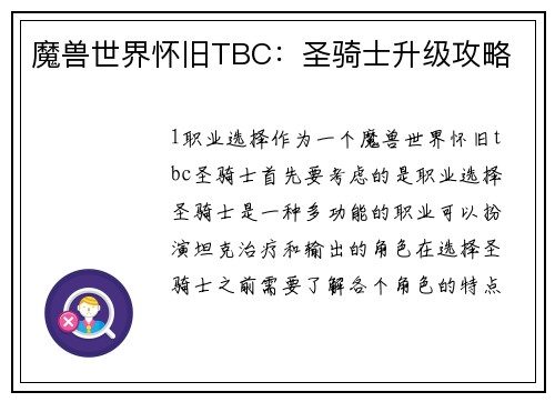 魔兽世界怀旧TBC:圣骑士升级攻略
